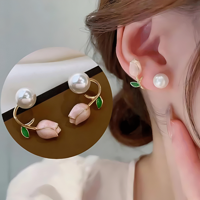 JJK 55 Pink Tulip Flower Pearl Earrings - Image 2