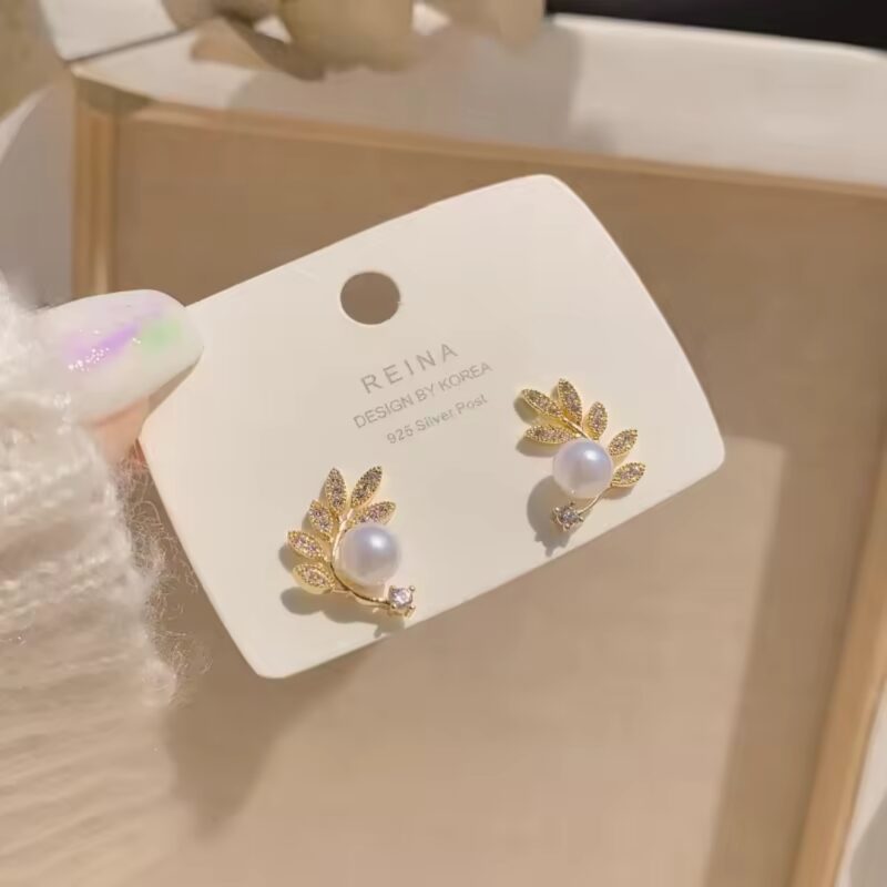 Leaf and Pearl Stud Earrings or Golden Pearl Leaf Stud Earrings with Rhinestones/Crystals. - Image 2