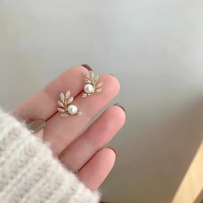 Leaf and Pearl Stud Earrings or Golden Pearl Leaf Stud Earrings with Rhinestones/Crystals. - Image 3