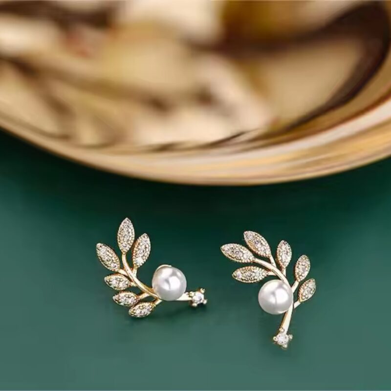 Leaf and Pearl Stud Earrings or Golden Pearl Leaf Stud Earrings with Rhinestones/Crystals.