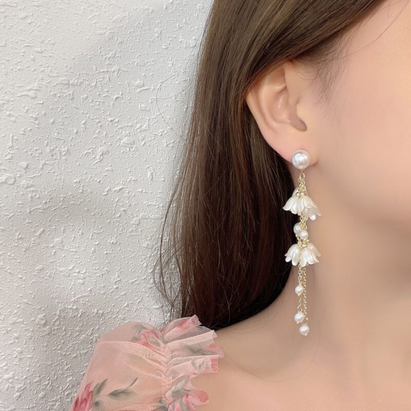 JJK 51 Lightweight Faux Pearl & Lily Flower Drop Earrings - Image 3