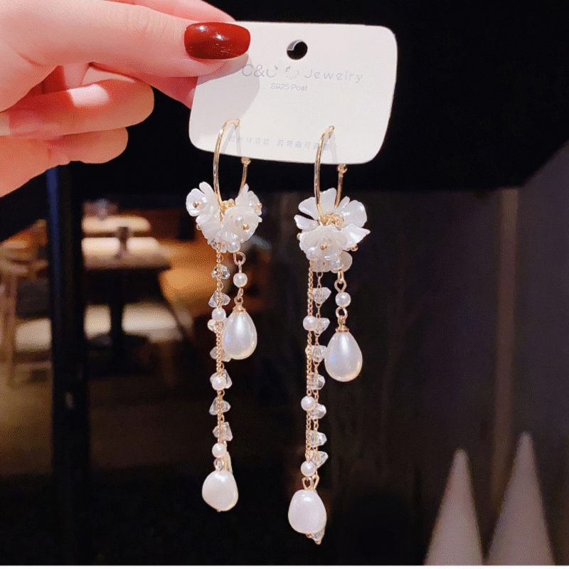 C&C Jewelry White Flower and Pearl Long Drop Earrings. - Image 2