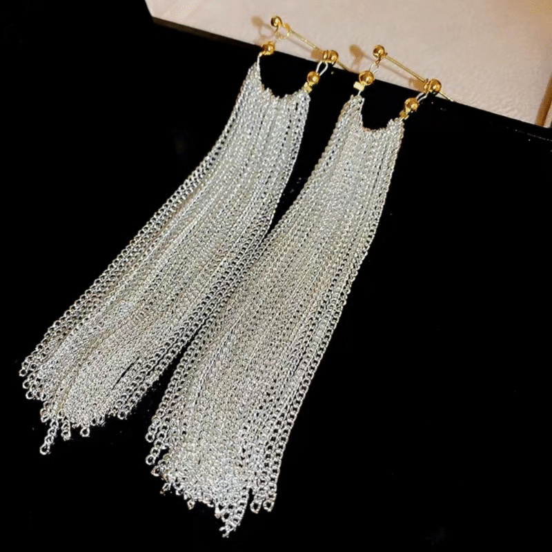 Long Multi-Chain Tassel Earrings or Silver-Toned Multi-Chain Waterfall Earrings. - Image 2