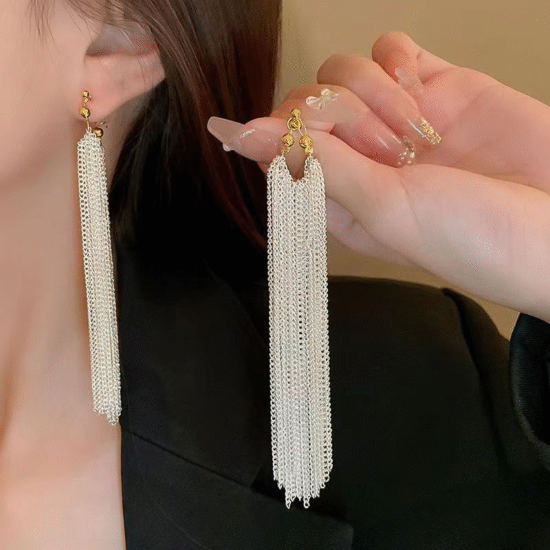 Long Multi-Chain Tassel Earrings or Silver-Toned Multi-Chain Waterfall Earrings. - Image 3