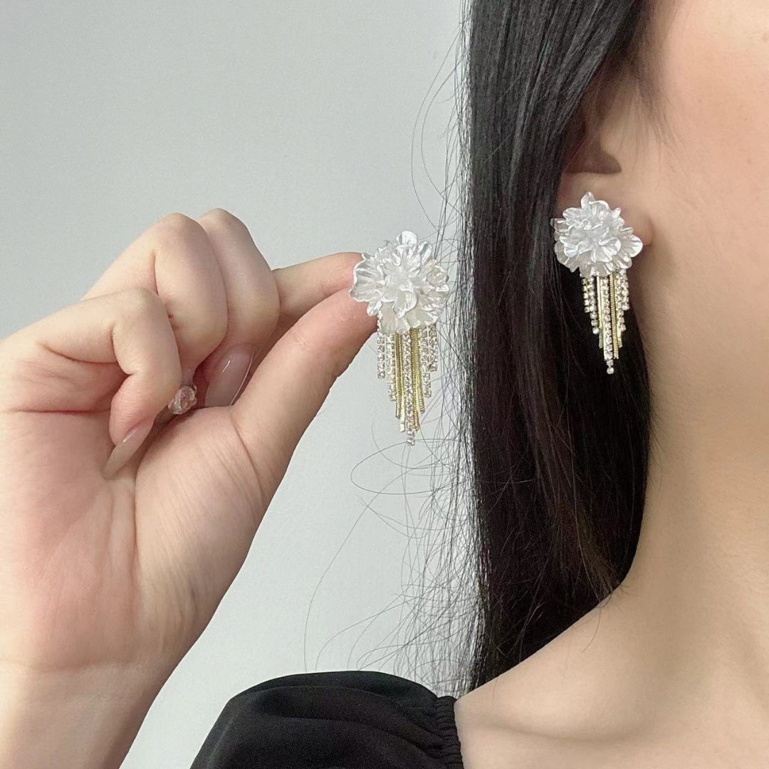 Stylish White Floral Tassel Stud Earrings with Zircon/Crystal Embellishments