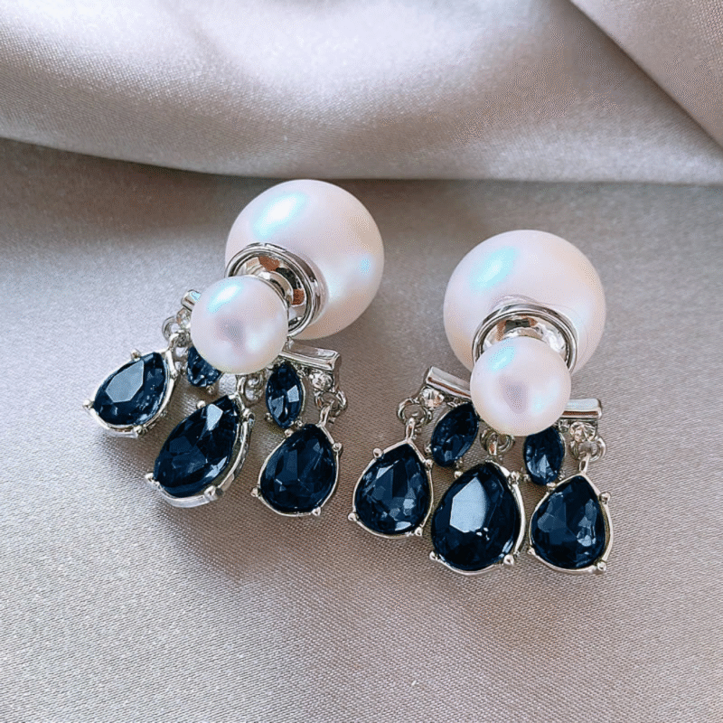 Double Pearl Blue Crystal Drop Earrings