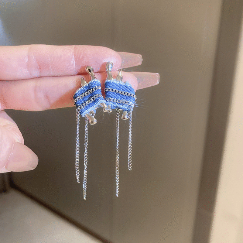 Denim Chain Tassel Earrings.