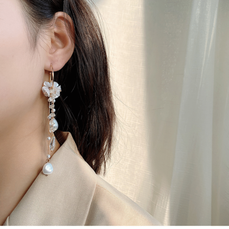 C&C Jewelry White Flower and Pearl Long Drop Earrings. - Image 3