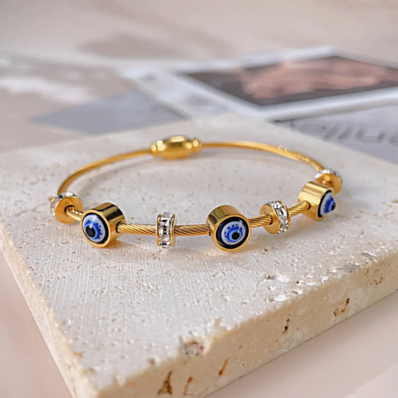 Gold-Plated Evil Eye Bracelet with Zircon Studded Charms. - Image 3