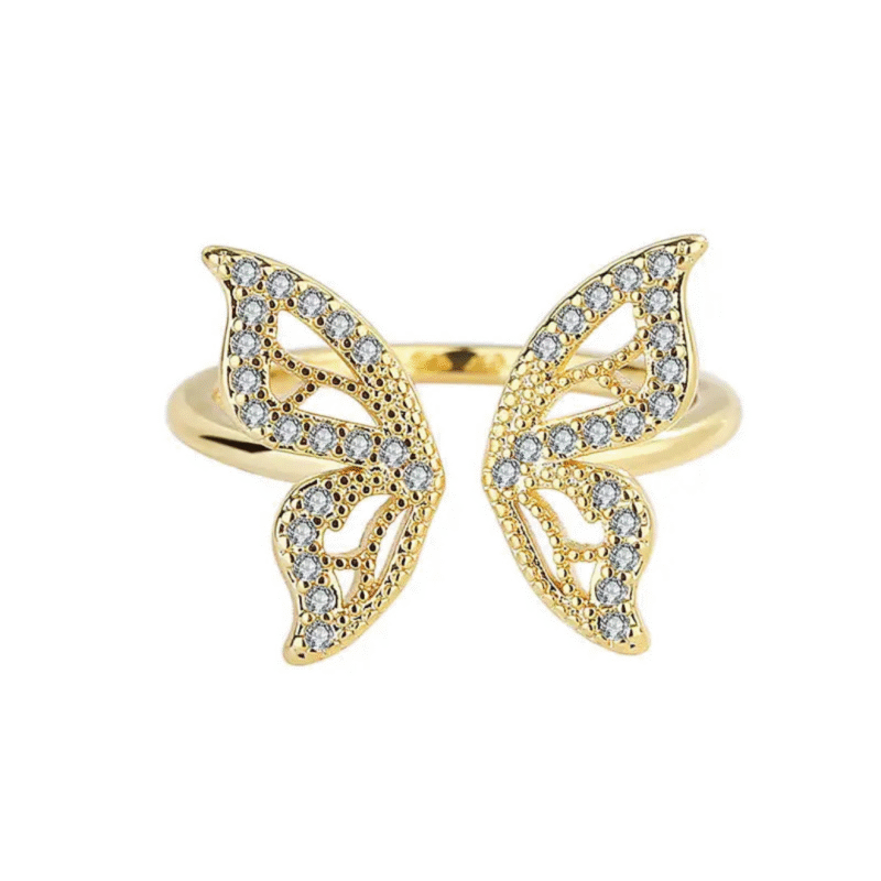 Gold-Plated Butterfly Ring with Zirconia/Rhinestones