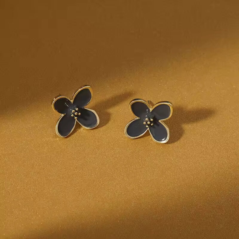 Black Flower Stud Earrings with Gold Trim or Gold-Plated Black Floral Stud Earrings.