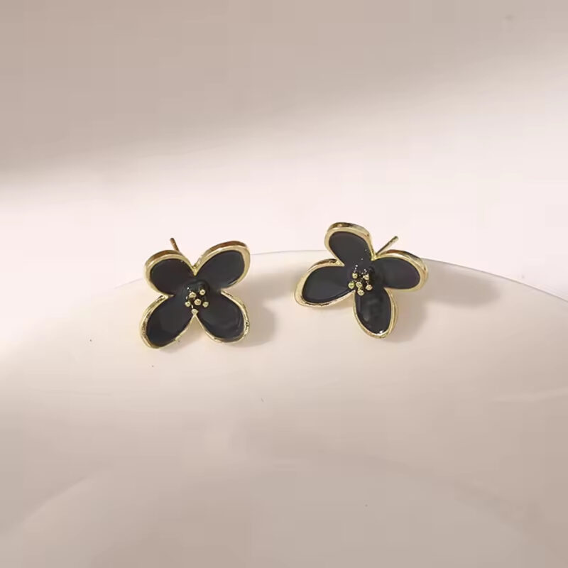 Black Flower Stud Earrings with Gold Trim or Gold-Plated Black Floral Stud Earrings. - Image 2