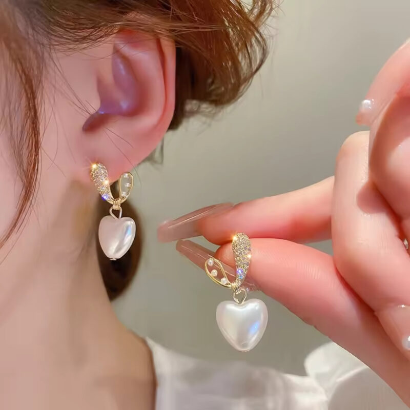 Korean Style Heart-shaped Pearl Drop Earrings - Image 3