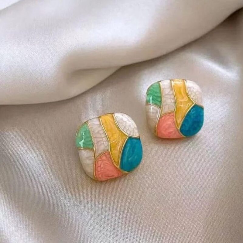 Celestria Colorful Retro Mosaic Round Stud Earrings For Women - Image 2