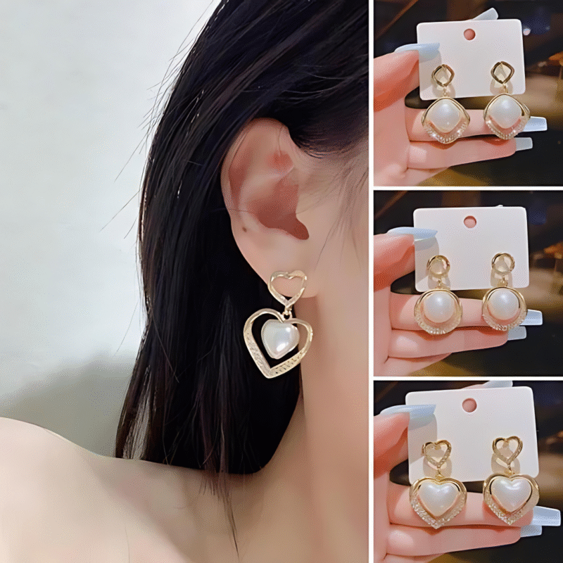 JJK 60 Gold-Plated Korean Marvelous Dual Hearts Pearl Drop Earrings - Image 2