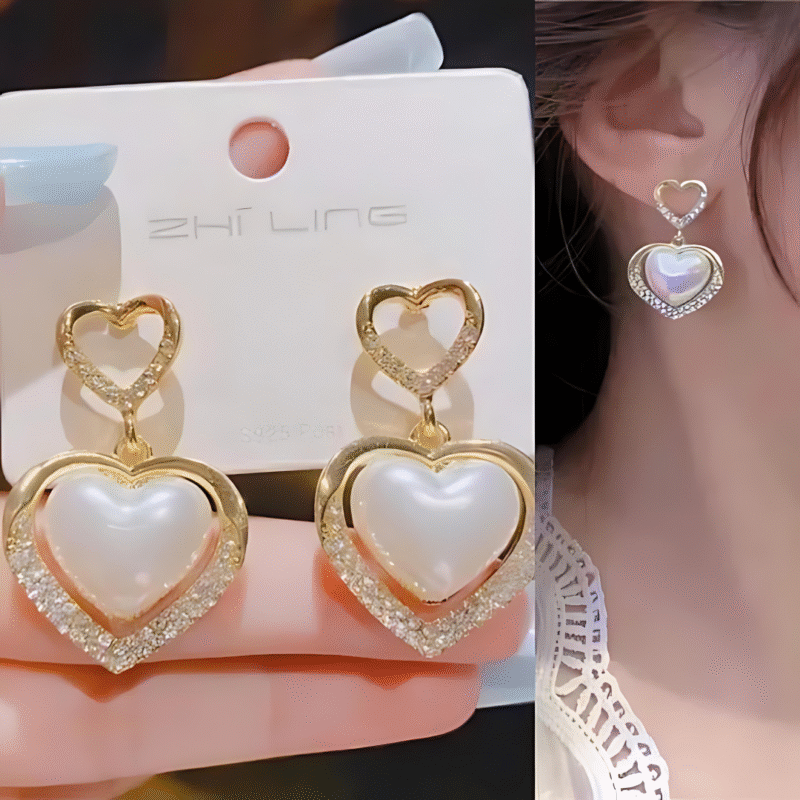 JJK 60 Gold-Plated Korean Marvelous Dual Hearts Pearl Drop Earrings - Image 3