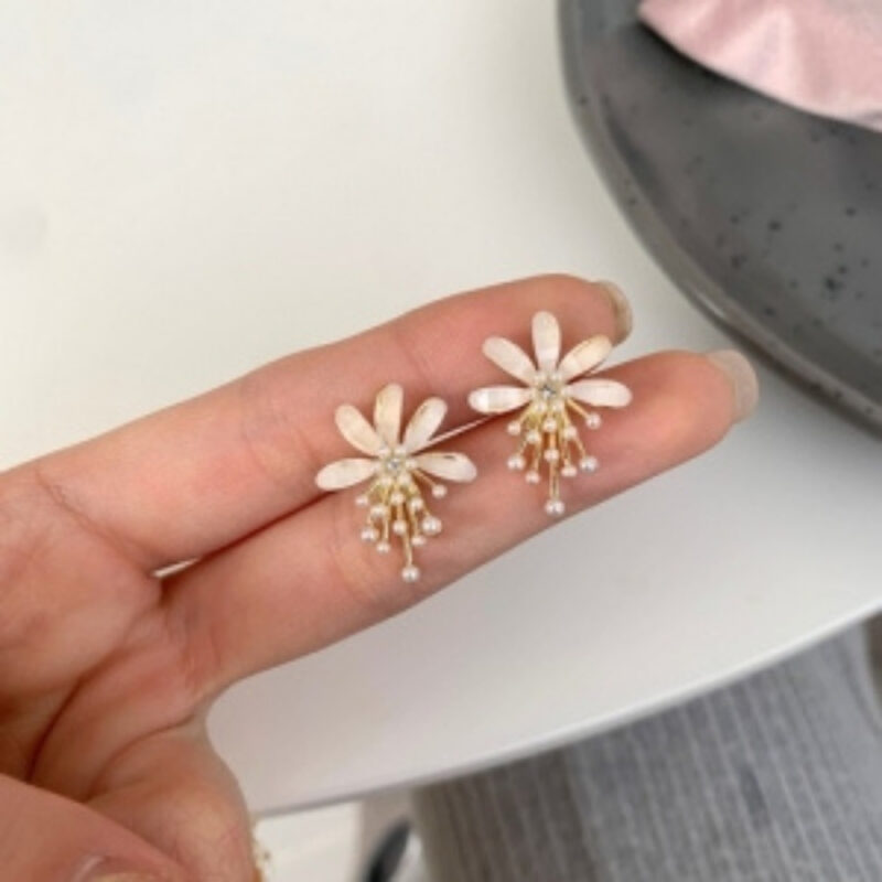 Gold-Toned Flower Pearl Cluster Earrings - Image 2
