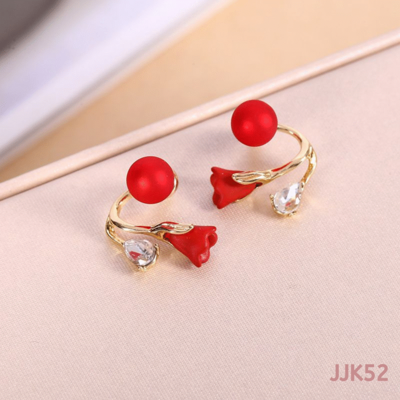 JJK52 Red Rose Flower Stud Earrings with Accent