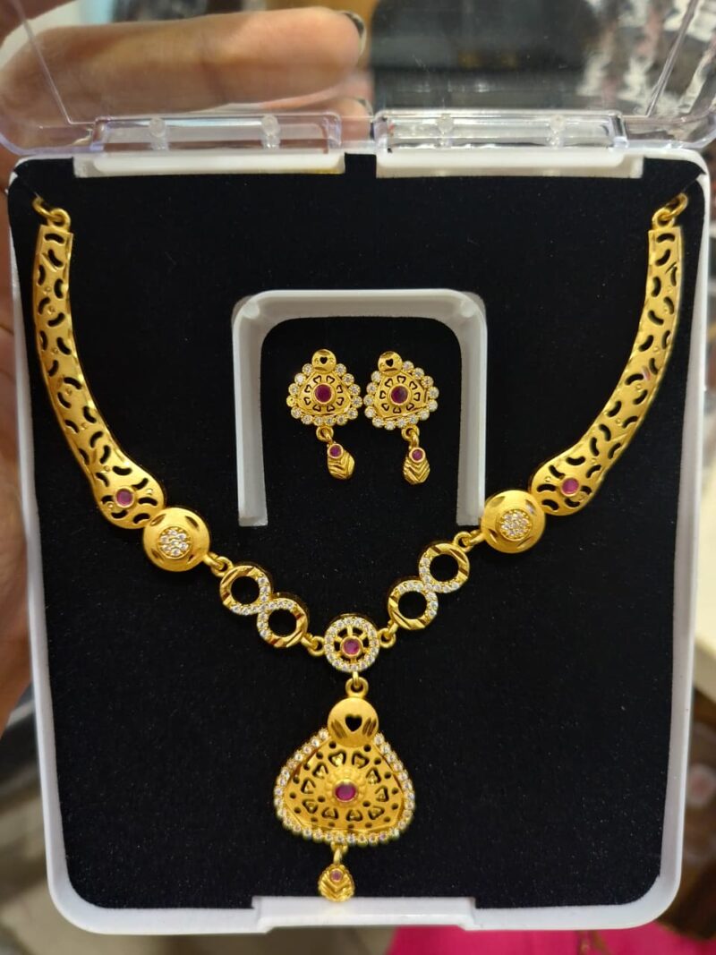 gold-plated necklace and earring set adorned with red stones - Image 2
