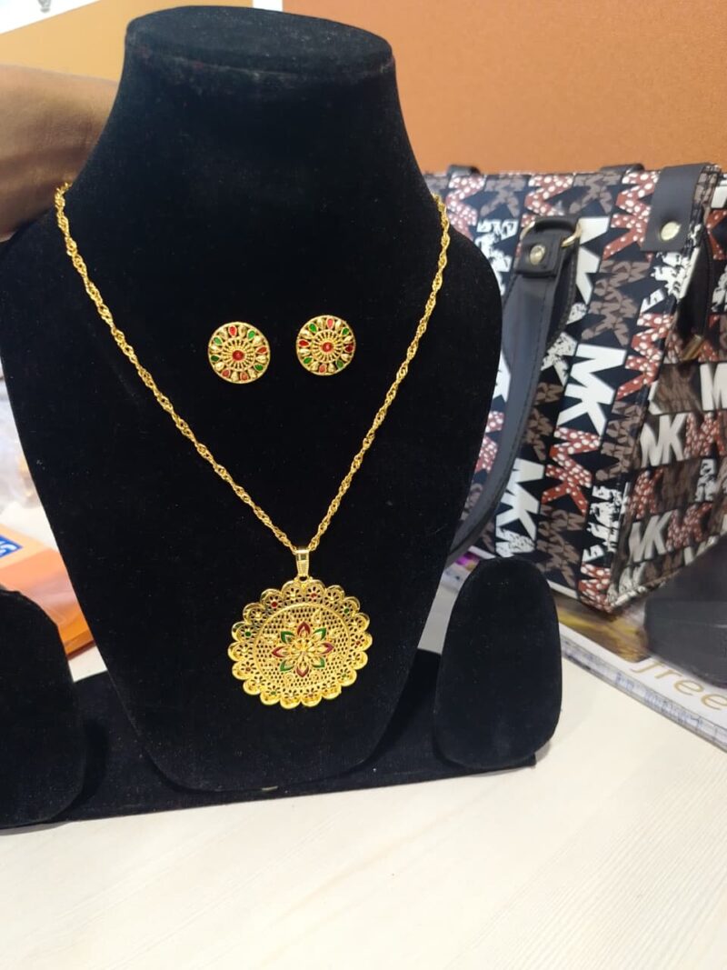 Gold Plated Sizzling Meenakari Locket Set with Chain and Earrings. - Image 2