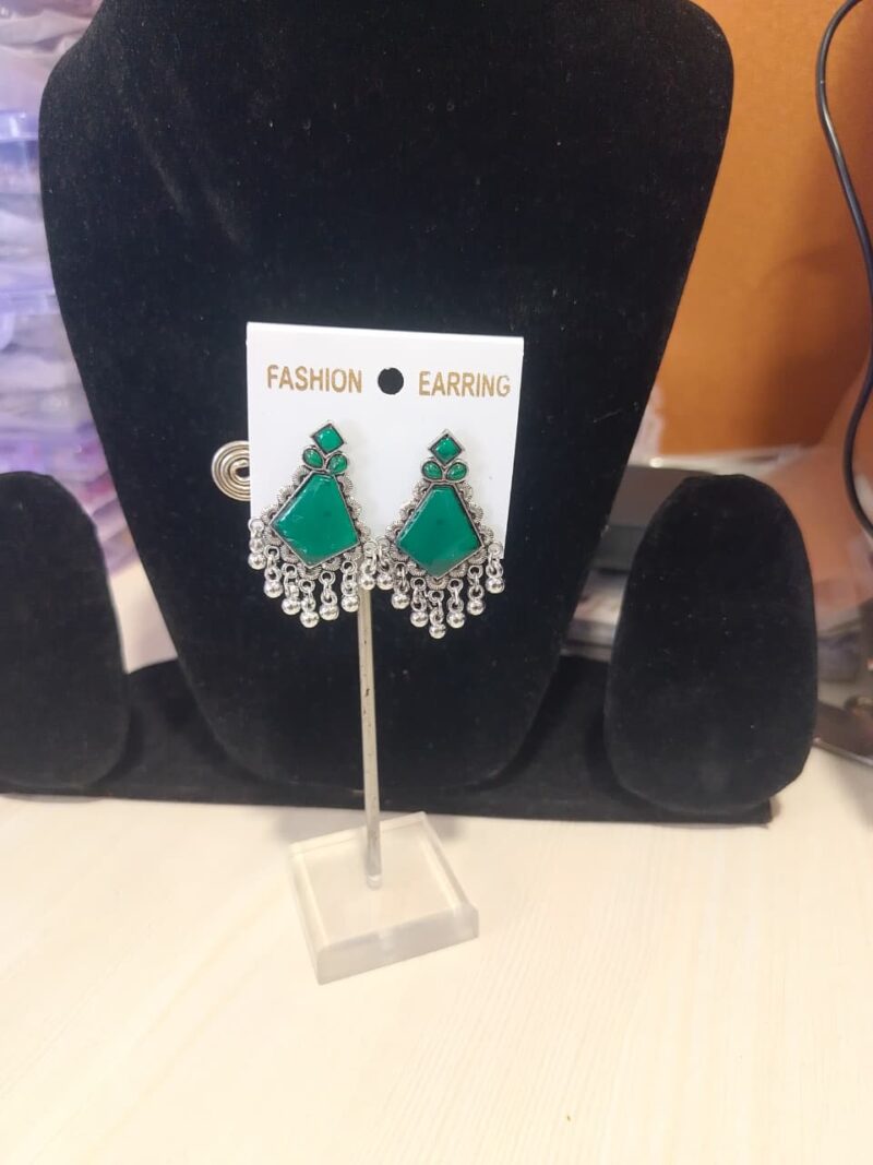 Oxidized Silver Jhumka Earrings with Green Stones, - Image 4