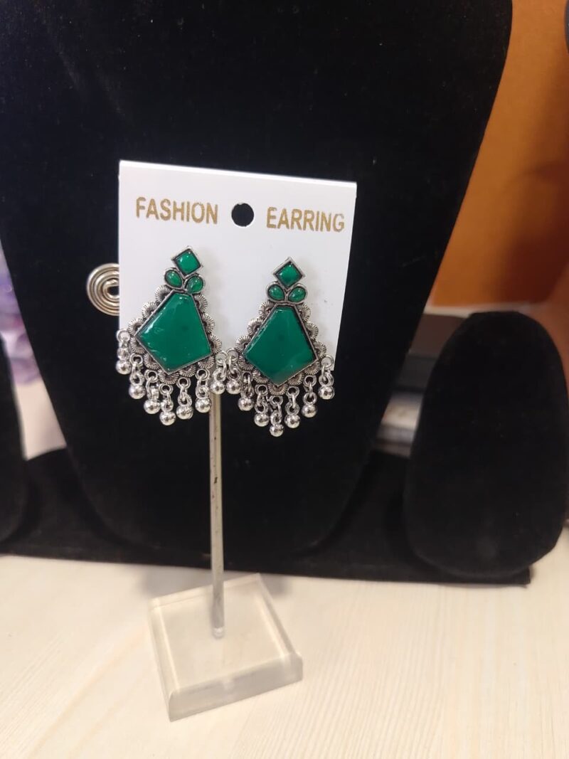 Oxidized Silver Jhumka Earrings with Green Stones, - Image 2