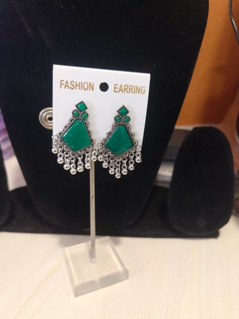 Oxidized Silver Jhumka Earrings with Green Stones, - Image 3