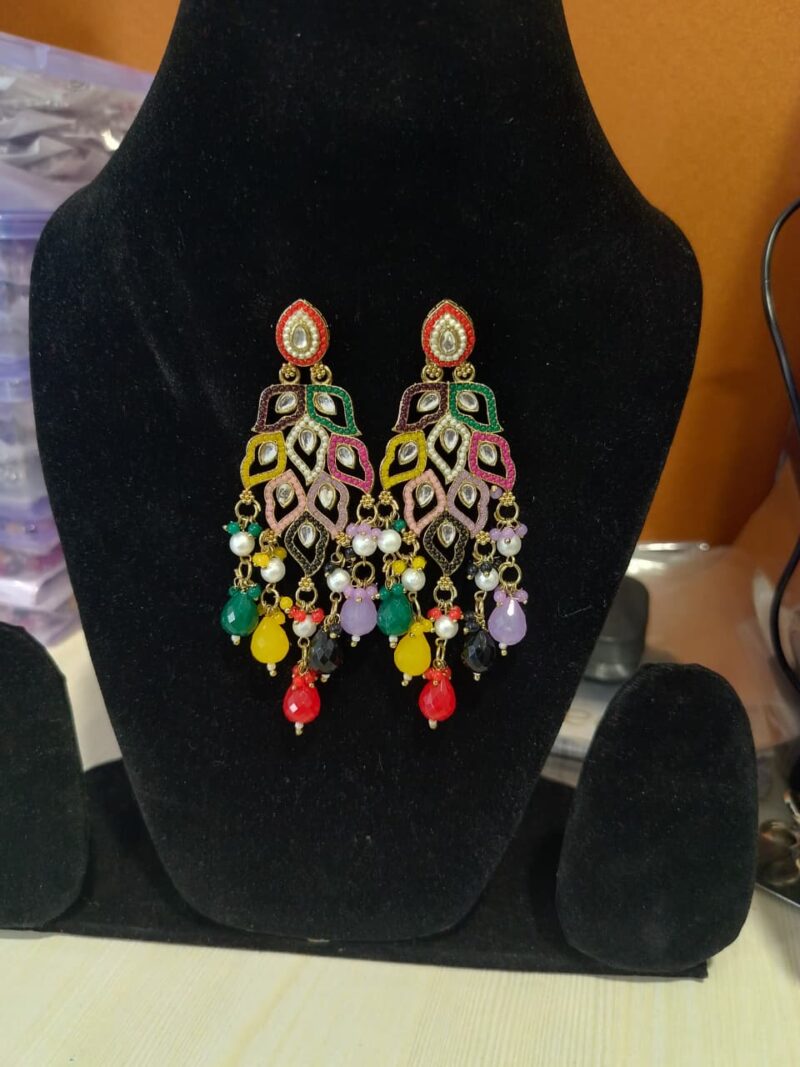 Multicolor Kundan Pearl Dangler Earrings - Image 3