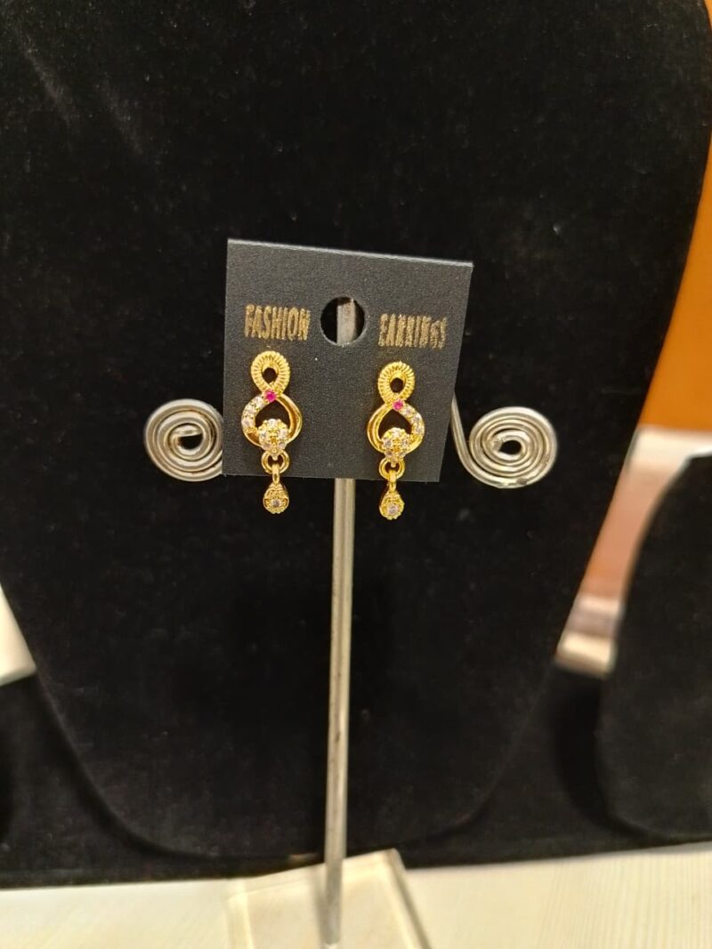 gold-plated fashion earrings featuring a distinctive design with red and white American Diamond or Cubic Zirconia stones - Image 2