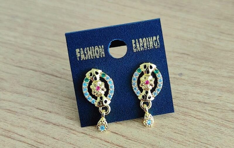 gold-toned stud earrings with colorful gemstones, - Image 3