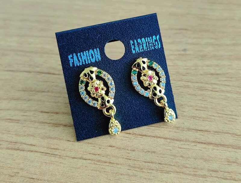 gold-toned stud earrings with colorful gemstones, - Image 2