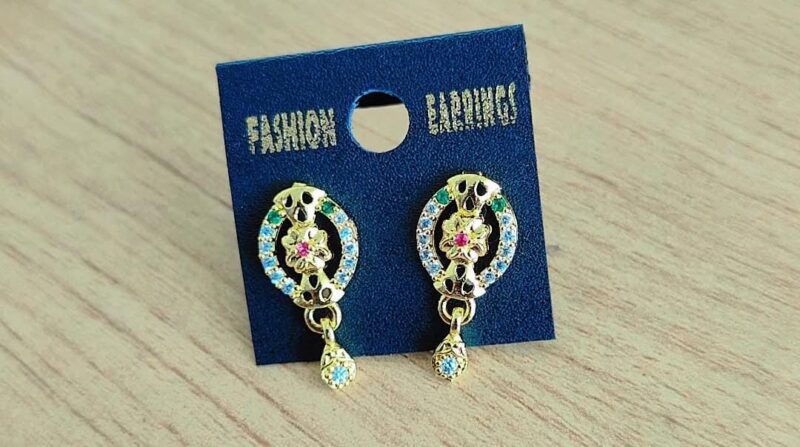 gold-toned stud earrings with colorful gemstones,