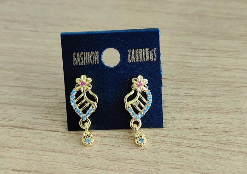 gold-plated fashion earrings featuring a leaf design with blue and pink stone embellishments and a floral stud top, - Image 2
