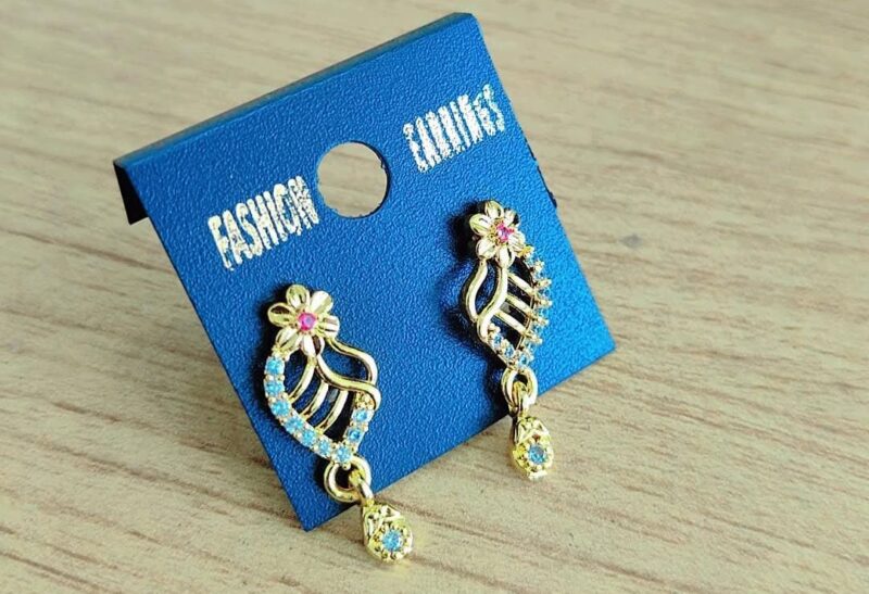 gold-plated fashion earrings featuring a leaf design with blue and pink stone embellishments and a floral stud top, - Image 3