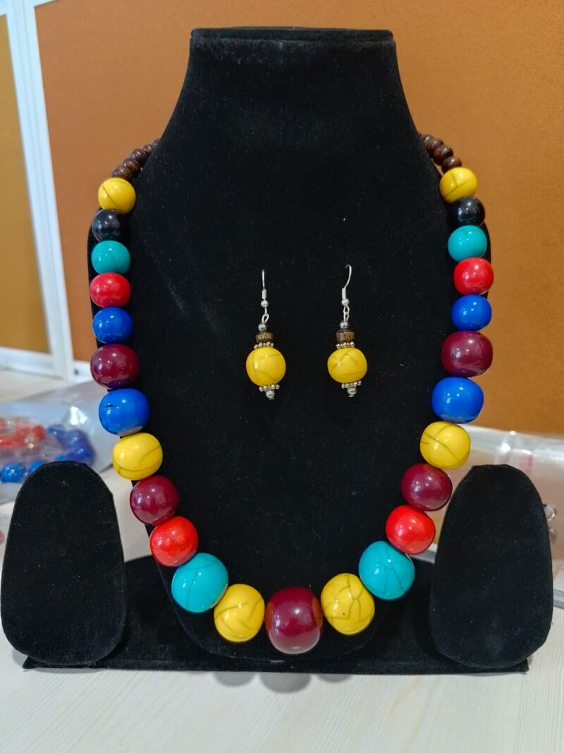 colorful bead necklace and matching dangle earrings,