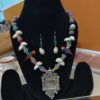Oxidised Silver & Shell Necklace Set with Hand-Painted Parrot Motifs