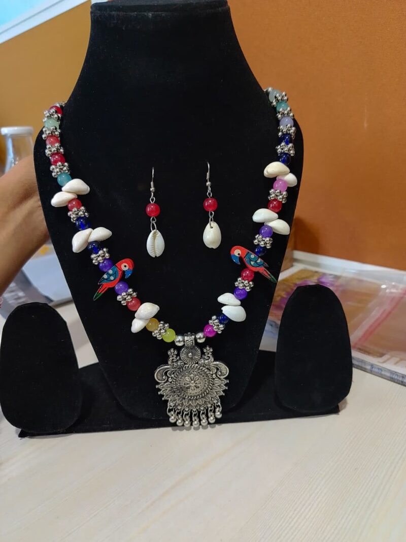 Navratri Special! Multicolor German Silver Shell & Thread Beads Necklace Set - Image 3