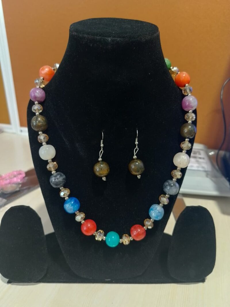 colorful beaded necklace and matching earrings set