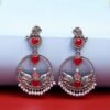 Oxidised Silver Chandbali Earrings with red stones and pearl drops.