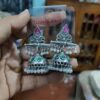 oxidized silver-plated fashion earrings with black stone and pearl drops