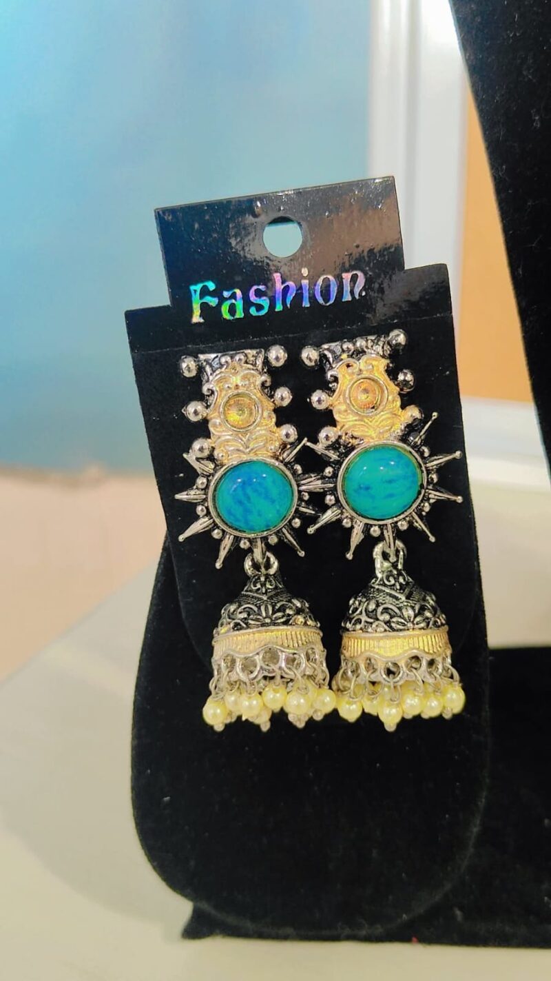 This is a pair of oxidized silver jhumka earrings with a turquoise stone and pearl drops.